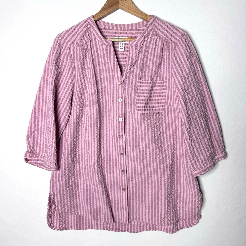 Denim & Co Pink Striped Seersucker Top Sz L V-Neck 3/4 Slv Button Cotton Stretch